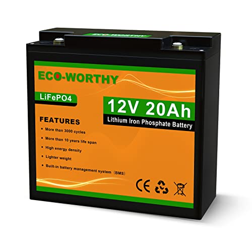 ECO-WORTHY 12V 20Ah Batería recargable de fosfato de litio y hierro LiFePO4 con más de 3000 veces de ciclo profundo y protección BMS para kit de panel solar, scooter, RV, marino, hogar, scooter