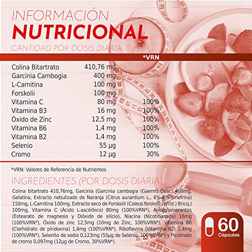 Eficaz adelgazante con quemagrasas, termogénico y reductor del apetito | Garcinia Cambogia + L-Carnitina + Colina Bitartrato + Vitaminas B | Elimina kilos | Resultados rápidos | 0 efecto rebote | 60 u