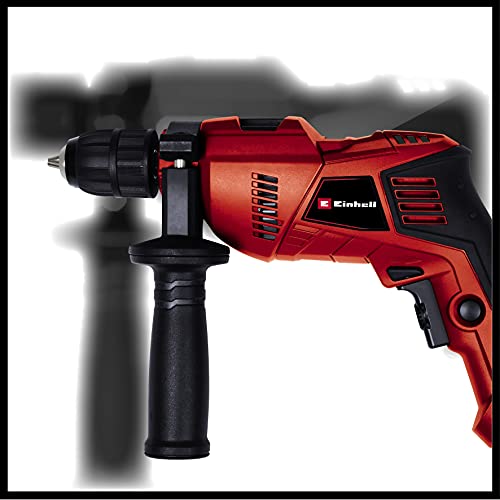 Einhell Taladro de impacto con cable - TE-ID 500 E. 240 V, 550 W, selector de velocidad, engranaje metálico, tope de profundidad de perforación ajustable, 5 taladros para piedra. Incluye maletín