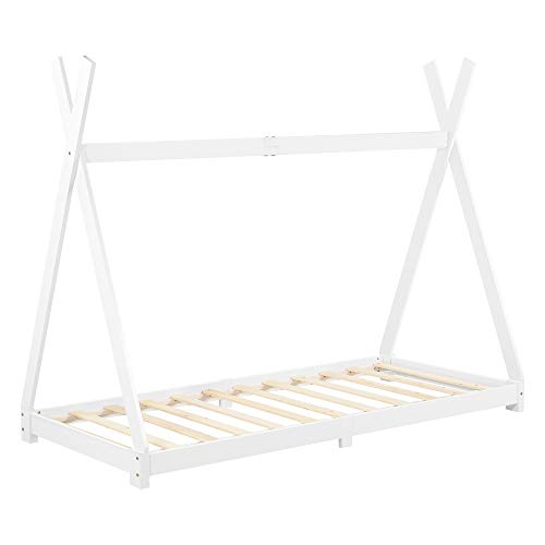 [en.casa] Cama para niños de Madera Pino Höri 90 x 200cm Cama Infantil Estructura Tipi con Somier Blanco Lacado Mate