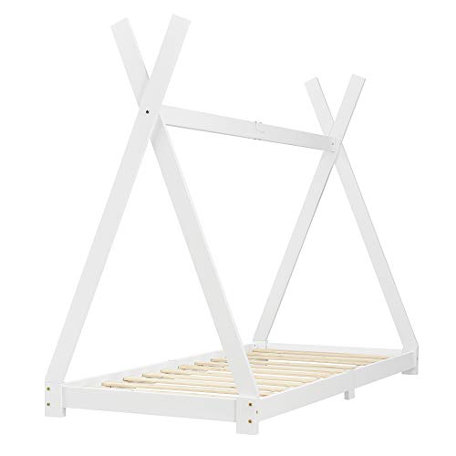 [en.casa] Cama para niños de Madera Pino Höri 90 x 200cm Cama Infantil Estructura Tipi con Somier Blanco Lacado Mate