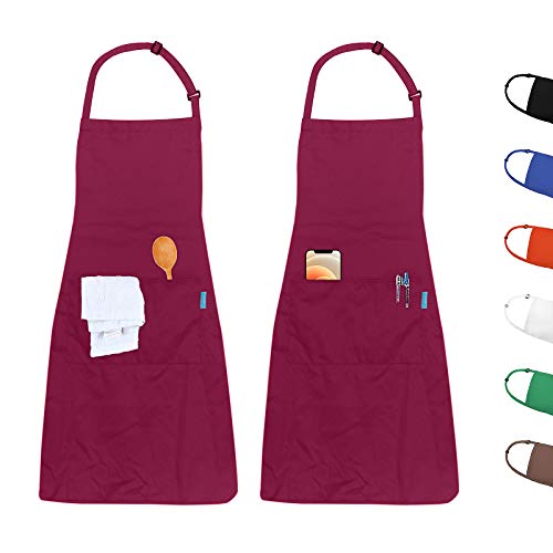 esafio 2 Piezas Delantales, Delantal de Trabajo Ajustables del Cocinero con 2 Bolsillo para Mujeres Hombres,Delantal Chefs Cocina para Cocinar/Hornea/Barbacoa (Rojo)