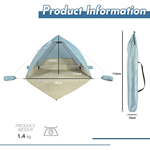 EVER ADVANCED Tienda de Playa UPF 50+ para 2-3 Personas, Tienda de Campaña Plegable Instantánea Portátil, Carpas Abrir Cerrar Automáticamente Resistente al Agua, para Familia Pesca Jardín, Color Azul