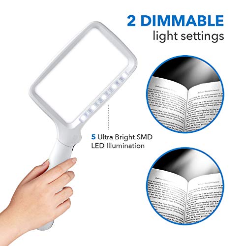 Fancii Lupa Grande con Luces LED Regulables para Leer Libros, Lente de Aumento 2x - Lupa de Mano Rectangular Plegable para Periódicos, Mapas y Personas Mayores