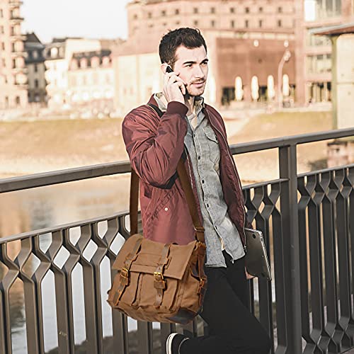 FANDARE Nuevo Bolso de Bandolera Lona Bolsa Mensajero Bolso de Hombro Bolsos Cruzados para 14 Pulgadas Laptop Maletín Hombre Mujer Crossbody Bag para Conmutar Trabajo Viaje Escuela Profesor Marrón