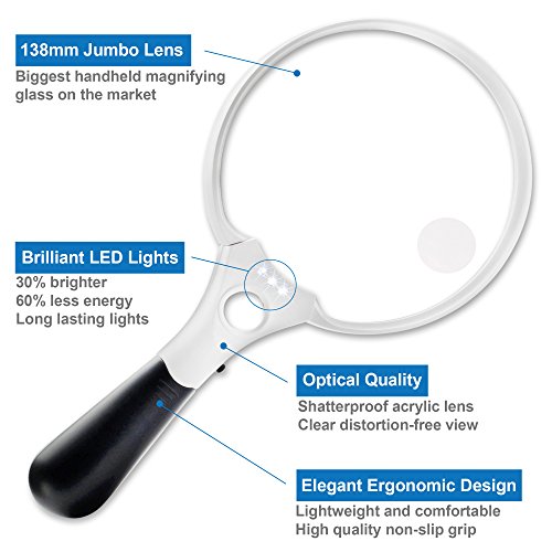 FC Optics Lupa de Mano Extra Grande con Luz LED, Aumento de 2X 4X 10X - Lupa Iluminada de Lectura Gigante para Leer Libros, Periódico y Mapas