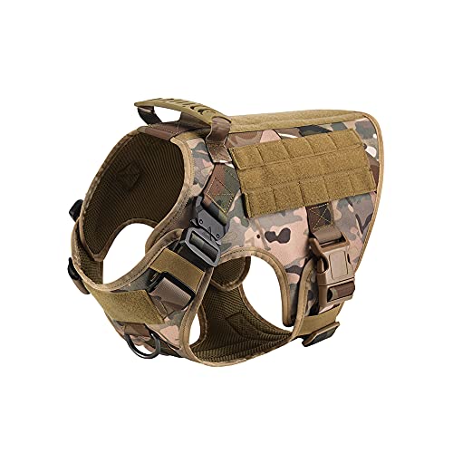 FEimaX Arnés Perro Grande Mediano Militar Chaleco de Entrenamiento Ajustable para Perros con Anillo de aleación anti-tirón y Sistema Molle Chaleco de Trabajo de Perro para Caminar Cazar (Camuflaje, S)