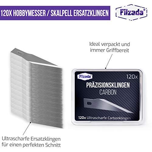 Filzada® 120x Ultrasharp Cuchillas de bisturí - hojas de repuesto para bisturís, cuchillos de pasatiempo, cuchillos de artesanía - incl. caja de almacenamiento