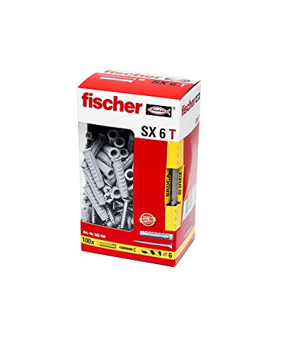 fischer - Tacos pared para hormigón + tornillos SX 6x30 para fijar lámparas, cuadros + Broca GRATIS, Caja 100 tacos + 100 tornillos fischer