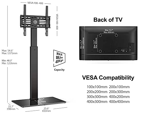 FITUEYES Soporte de Suelo para TV de 27 a 55 Pulgadas hasta 40kg Giratorio 60 Grados Altura Ajustable Soporte de Televisión LED LCD Plasma Curva Plana con Base de Vidrio Templado Máx. VESA 400x400 mm