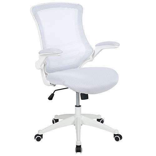 Flash Furniture Silla de escritorio ergonómica, giratoria, respaldo medio, de malla, armazón blanco y reposabrazos abatibles, color Blanco