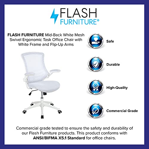 Flash Furniture Silla de escritorio ergonómica, giratoria, respaldo medio, de malla, armazón blanco y reposabrazos abatibles, color Blanco