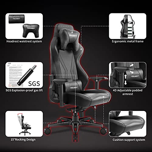 Focuseat Silla ergonómica de Oficina para Juegos, Grande y Alta, Silla para computadora de Carreras con Respaldo Alto, reposacabezas y Soporte Lumbar, Silla de Escritorio Grande para PC para Adultos