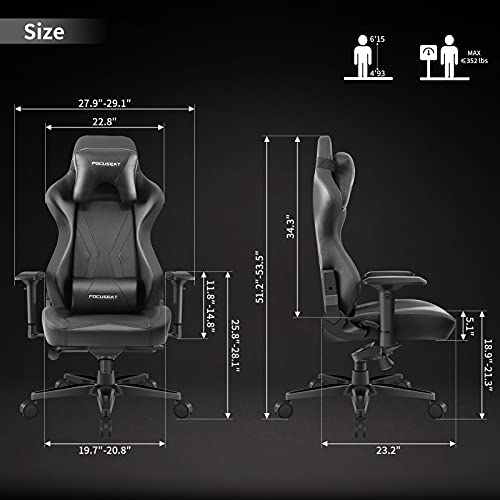 Focuseat Silla ergonómica de Oficina para Juegos, Grande y Alta, Silla para computadora de Carreras con Respaldo Alto, reposacabezas y Soporte Lumbar, Silla de Escritorio Grande para PC para Adultos