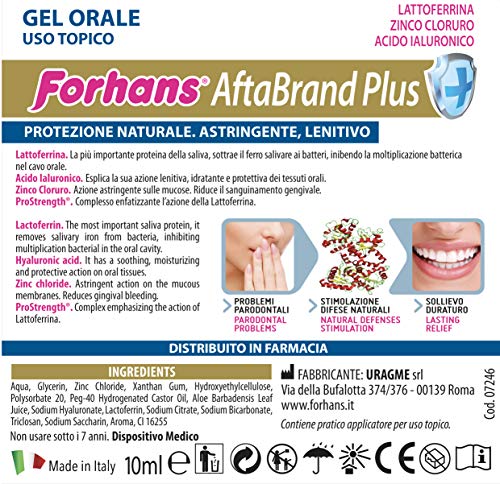 Forhans, Gel Oral Aftabrand Plus, previene la afte, los periodontitis y los sangrado genitales, zinc cloruro, ácido hialurónico y Lattoferrina, sin alcohol, 10 ml