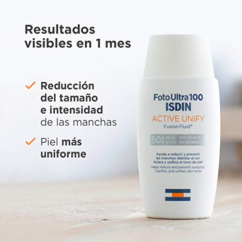 FotoUltra 100 ISDIN Active Unify SPF 50+ - Protector solar facial, Aclara y unifica el tono de piel, 50 ml