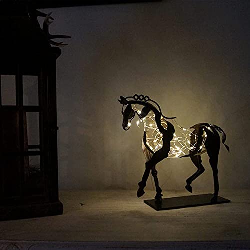 Frenaki Escultura de Caballo de Metal Adonis, decoración de Adorno, Caballo Calado Hecho a Mano en 3D, Estatua de Caballo de Vaquero de pie rústico, Regalo de equitación Ecuestre (with Light)