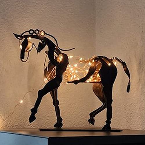 Frenaki Escultura de Caballo de Metal Adonis, decoración de Adorno, Caballo Calado Hecho a Mano en 3D, Estatua de Caballo de Vaquero de pie rústico, Regalo de equitación Ecuestre (with Light)