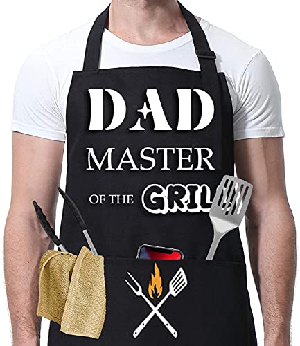 FunChaos Delantal BBQ para Hombre, Delantal de Papá, Delantal Impermeable Negro, Delantal de Chef Ajustable con 2 Bolsillos, Delantal Personalizado Regalos para Hombres, Papá, Esposo, Novio, Abuelo