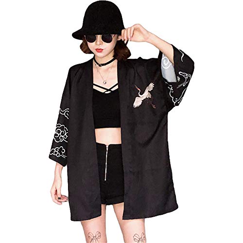 G-LIKE - Kimono japonés para verano tradicional Haori Federgewebe Kostüm Robe Überjacke parasol chaqueta estilo antiguo Nachthemd Albornoz Nachtwäsche señoras señores Negro Tallaúnica