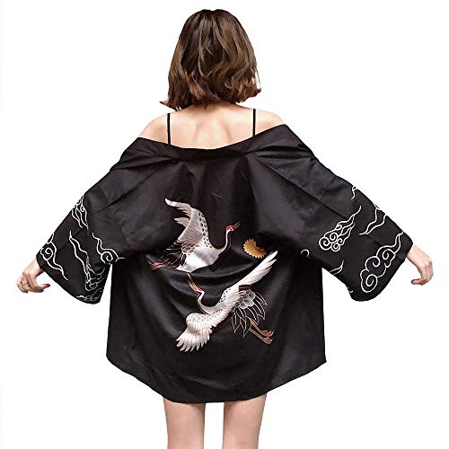 G-LIKE - Kimono japonés para verano tradicional Haori Federgewebe Kostüm Robe Überjacke parasol chaqueta estilo antiguo Nachthemd Albornoz Nachtwäsche señoras señores Negro Tallaúnica