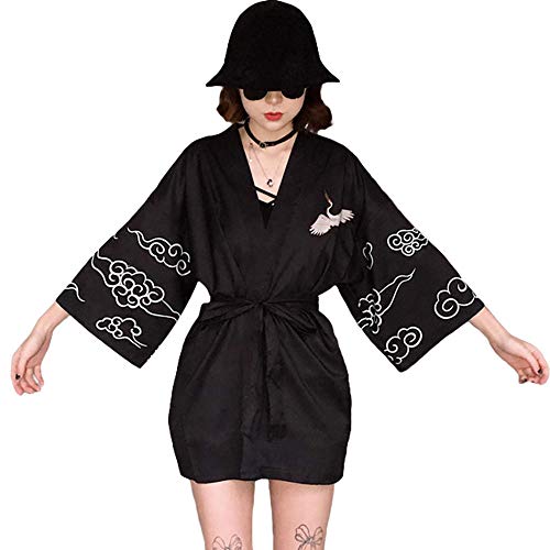 G-LIKE - Kimono japonés para verano tradicional Haori Federgewebe Kostüm Robe Überjacke parasol chaqueta estilo antiguo Nachthemd Albornoz Nachtwäsche señoras señores Negro Tallaúnica