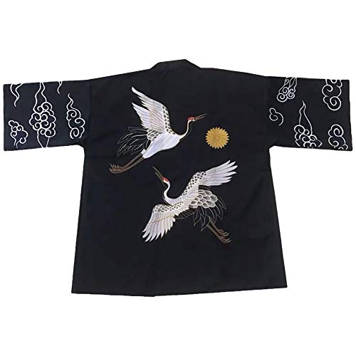 G-LIKE - Kimono japonés para verano tradicional Haori Federgewebe Kostüm Robe Überjacke parasol chaqueta estilo antiguo Nachthemd Albornoz Nachtwäsche señoras señores Negro Tallaúnica