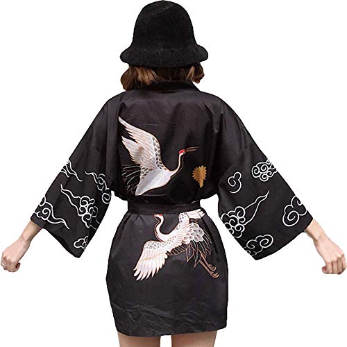 G-LIKE - Kimono japonés para verano tradicional Haori Federgewebe Kostüm Robe Überjacke parasol chaqueta estilo antiguo Nachthemd Albornoz Nachtwäsche señoras señores Negro Tallaúnica