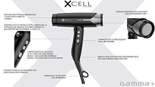 GAMMAPIU' XCELL Secador profesional, secador ultraligero 290g, secador profesional con motor digital 110.000 rpm, regulación de velocidad, 4 boquillas, 1 difusor, filtro de acero