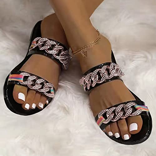 Ghemdilmn Strappy Slide - Sandalias planas para mujer, antideslizantes, planas, para verano, elegantes, para estar por casa, color Negro, talla 38 EU