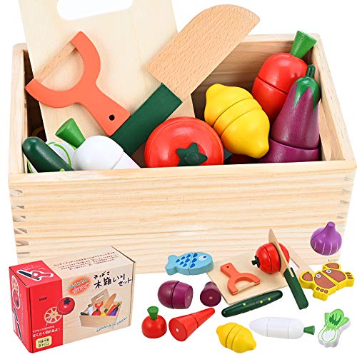 GOLDGE 14PCS Frutasy Verduras Juguete de Madera, Juego de Roles Corte de Cocina para Niños, Juguete para Cortar Temprano Eeducativos Set de Alimentos de Corte Juguete del Bebé