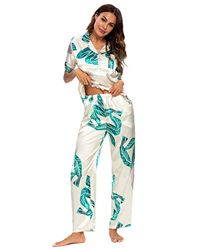 GOSO Pijama de satén para Mujer con Botones de Seda Floral Manga Cortos y Pantalones Ropa de Dormir Conjuntos Pijama para Mujer