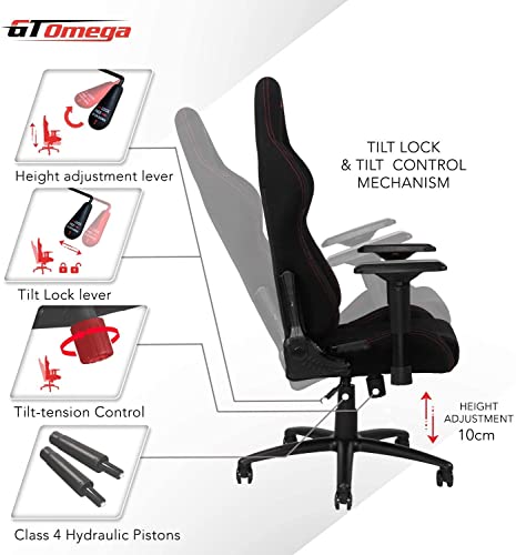 GT OMEGA Pro Racing Silla de Juegos de Tela con Soporte Lumbar, Silla de Oficina Ergonómica y Transpirable con Reposabrazos Ajustable 4D y Respaldo Reclinable, Silla para Consola de Juegos - Negro