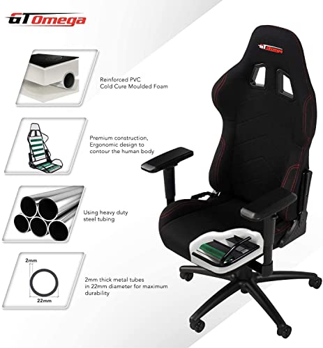 GT OMEGA Pro Racing Silla de Juegos de Tela con Soporte Lumbar, Silla de Oficina Ergonómica y Transpirable con Reposabrazos Ajustable 4D y Respaldo Reclinable, Silla para Consola de Juegos - Negro