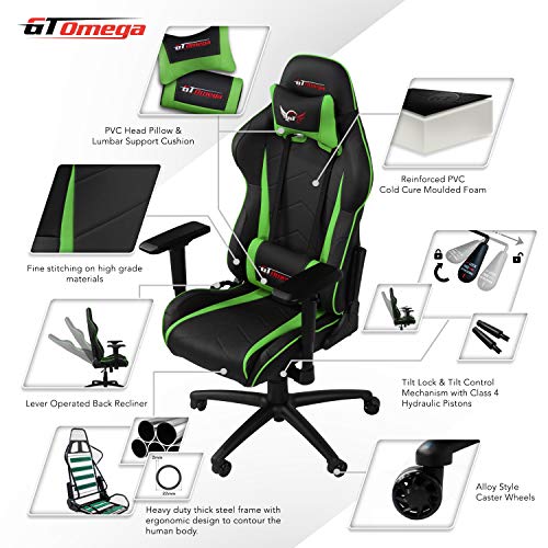 GT OMEGA Pro Silla de Juego Racing con Soporte Lumbar Silla de Oficina Ergonómica de Cuero con 4D Reposabrazos Ajustable y Respaldo Reclinable - Esport Seat para Consola de Juegos - Verde