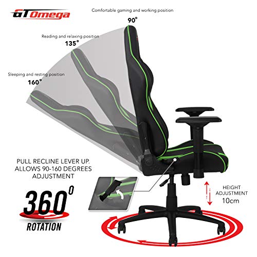 GT OMEGA Pro Silla de Juego Racing con Soporte Lumbar Silla de Oficina Ergonómica de Cuero con 4D Reposabrazos Ajustable y Respaldo Reclinable - Esport Seat para Consola de Juegos - Verde