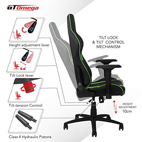 GT OMEGA Pro Silla de Juego Racing con Soporte Lumbar Silla de Oficina Ergonómica de Cuero con 4D Reposabrazos Ajustable y Respaldo Reclinable - Esport Seat para Consola de Juegos - Verde