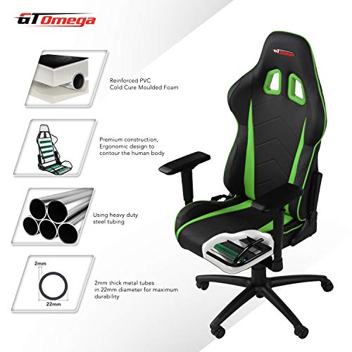 GT OMEGA Pro Silla de Juego Racing con Soporte Lumbar Silla de Oficina Ergonómica de Cuero con 4D Reposabrazos Ajustable y Respaldo Reclinable - Esport Seat para Consola de Juegos - Verde