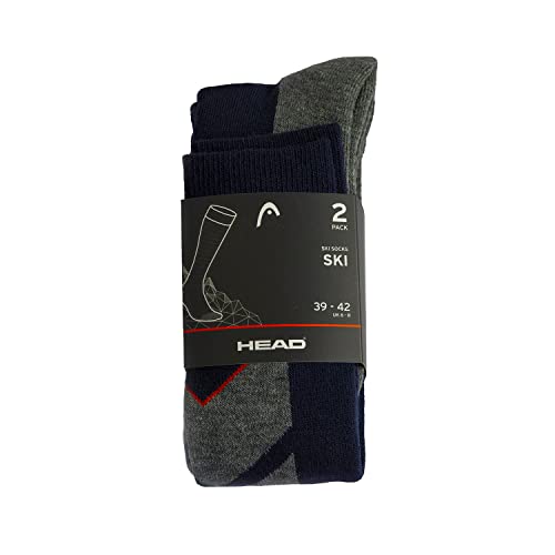 Head V-Shape Kneehigh Ski Socks (2 Pack) Calcetines de esquí, Rojo/Gris/Azul, 39/42 (Pack de 2) Unisex Adulto