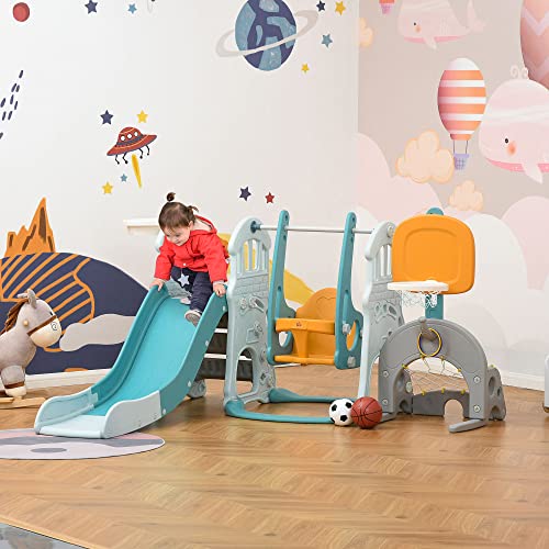 HOMCOM 5 en 1 Tobogán y Columpio para Niños +18 Meses con 2 Canastas de Baloncesto Portería Fútbol con Asiento Ajustable Parque Infantil Interior y Exterior 210x186x133 cm Multicolor