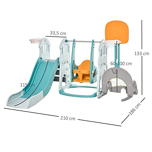 HOMCOM 5 en 1 Tobogán y Columpio para Niños +18 Meses con 2 Canastas de Baloncesto Portería Fútbol con Asiento Ajustable Parque Infantil Interior y Exterior 210x186x133 cm Multicolor