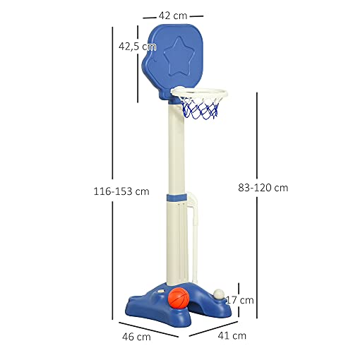 HOMCOM Canasta de Baloncesto 2 en 1 Juego de Golf para Niños de +2 Años con Aro Ajustable en Altura de 83-120 cm Pelotas y Palo de Golf 46x41x116-153 cm Azul y Blanco