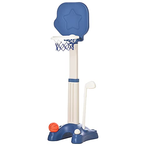 HOMCOM Canasta de Baloncesto 2 en 1 Juego de Golf para Niños de +2 Años con Aro Ajustable en Altura de 83-120 cm Pelotas y Palo de Golf 46x41x116-153 cm Azul y Blanco