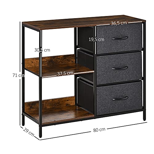 HOMCOM Cómoda Cajonera de Tela con 3 Cajones Plegables y 2 Estantes Estilo Industrial para Dormitorio Salón Pasillo 80x29x71 cm Marrón Rústico y Gris Oscuro