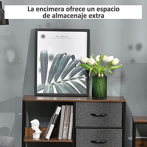 HOMCOM Cómoda Cajonera de Tela con 3 Cajones Plegables y 2 Estantes Estilo Industrial para Dormitorio Salón Pasillo 80x29x71 cm Marrón Rústico y Gris Oscuro