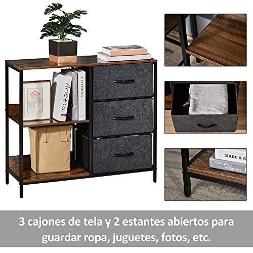 HOMCOM Cómoda Cajonera de Tela con 3 Cajones Plegables y 2 Estantes Estilo Industrial para Dormitorio Salón Pasillo 80x29x71 cm Marrón Rústico y Gris Oscuro