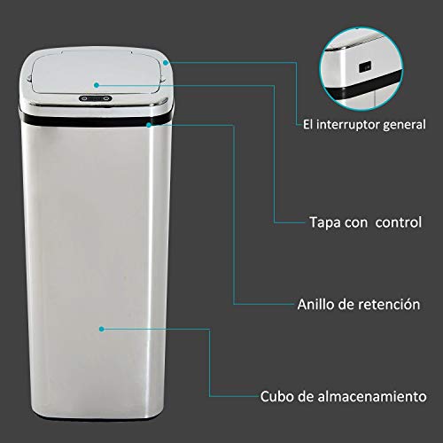 HOMCOM Cubo de Basura Inteligente de Acero Inoxidable 50L con Apertura Automática y Hermético