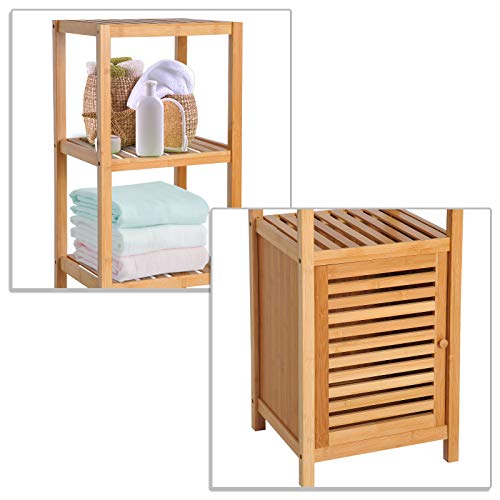 HOMCOM Estantería de Bambú para Baño Armario Alto Librería Organizador 4 Niveles 1 Puerta 36x33x140cm