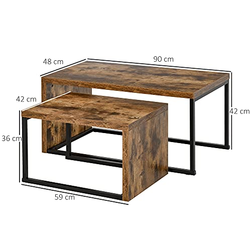 HOMCOM Juego de 2 Mesas de Centro Mesitas de Café con Patas de Metal Estilo Industrial para Salón Comedor Sala de Estar 90x48x42 cm y 59x42x36 cm Marrón Rústico