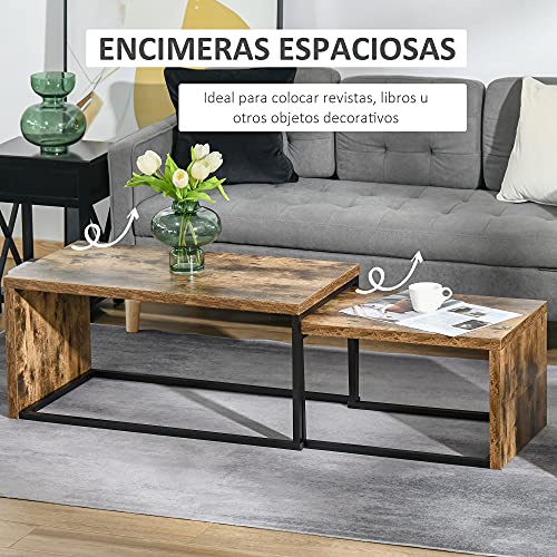 HOMCOM Juego de 2 Mesas de Centro Mesitas de Café con Patas de Metal Estilo Industrial para Salón Comedor Sala de Estar 90x48x42 cm y 59x42x36 cm Marrón Rústico